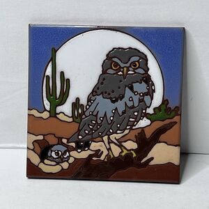 Vintage -95 Earthtones "Desert" Owl Terracotta Hanging Tile Art  Made in Tucson